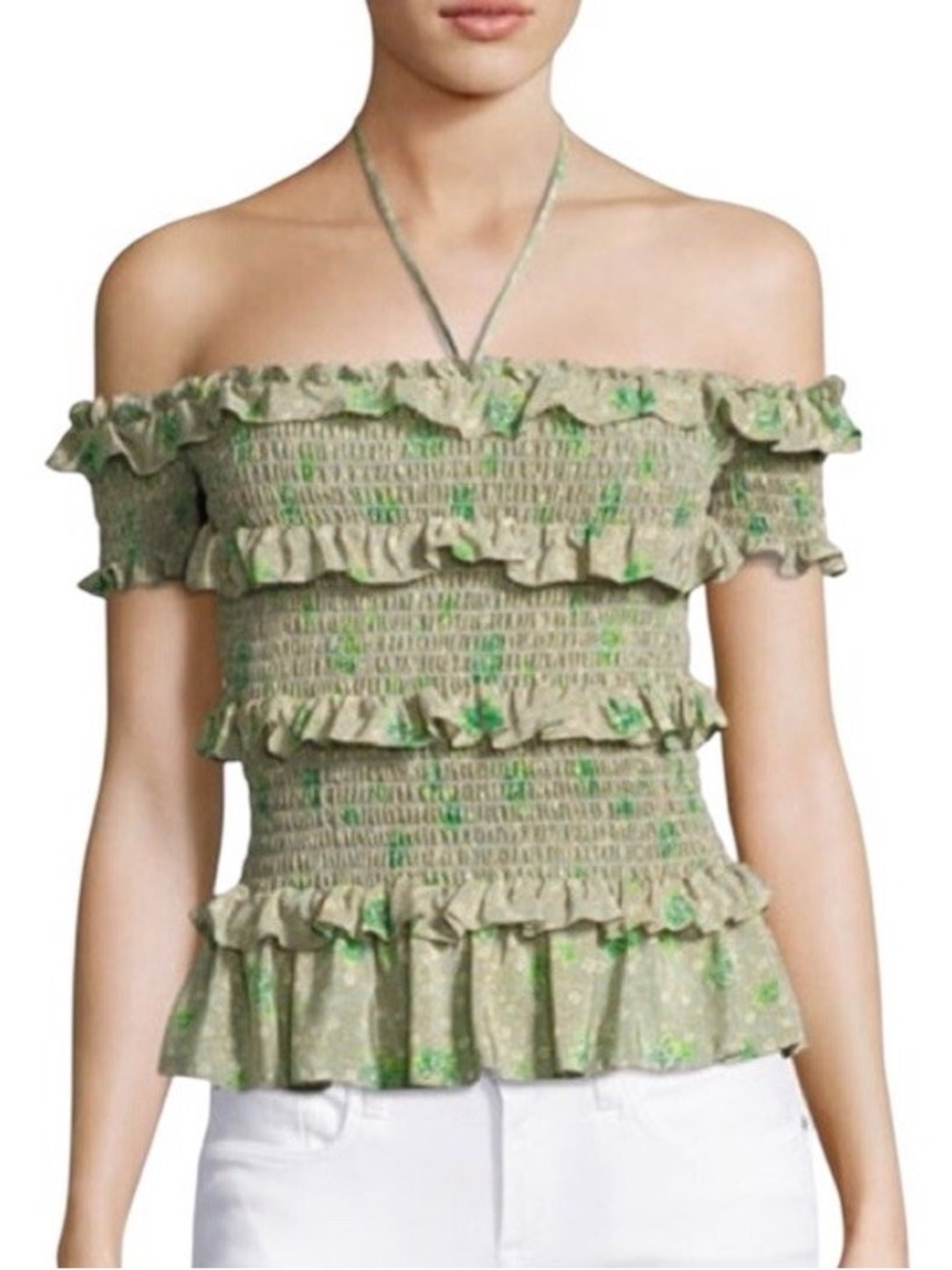 Rebecca Taylor 100% Silk Top Sz M Smocked Ruffle Off The Shoulder Floral Green